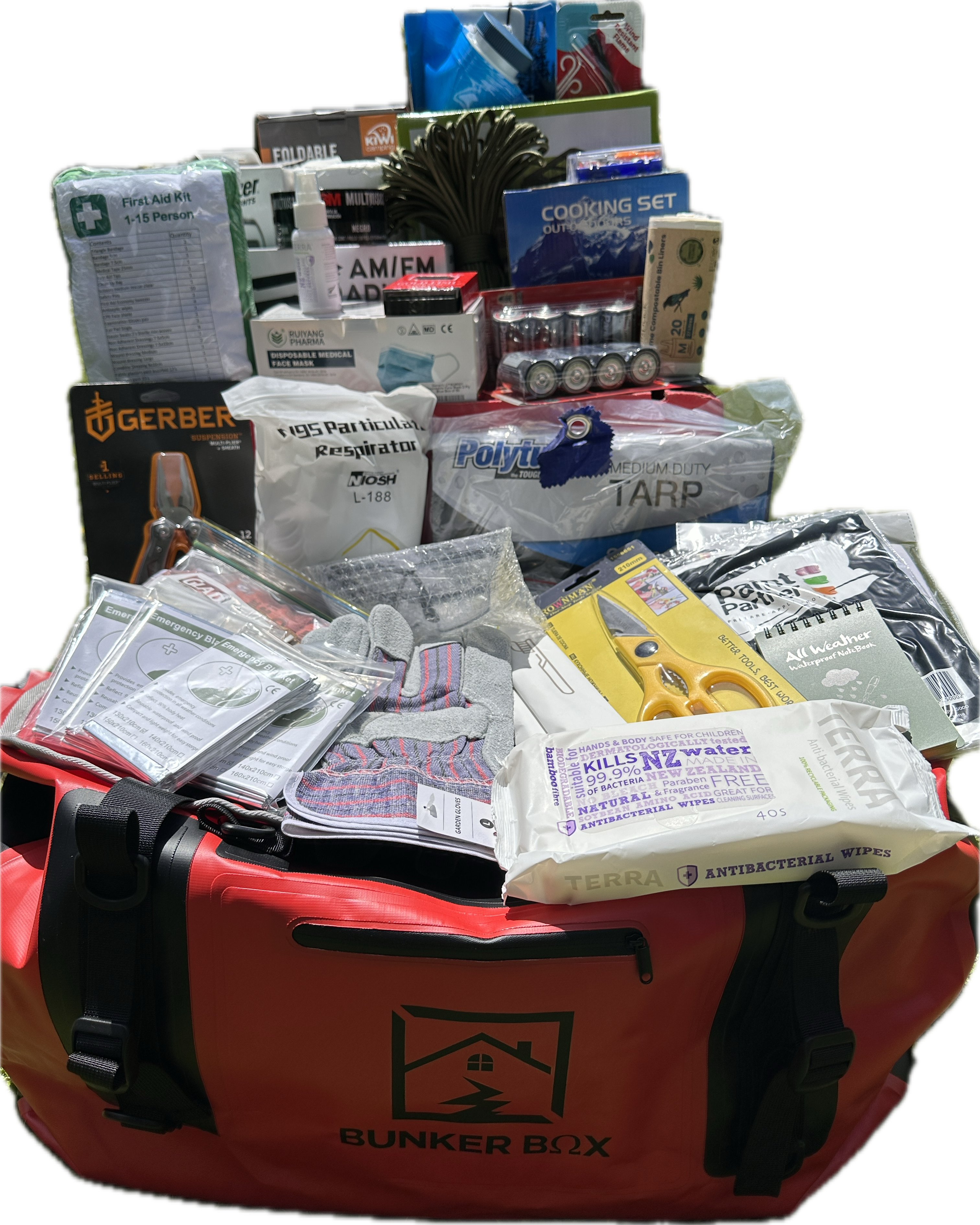 A commercial Grab Bag with survival items displayed