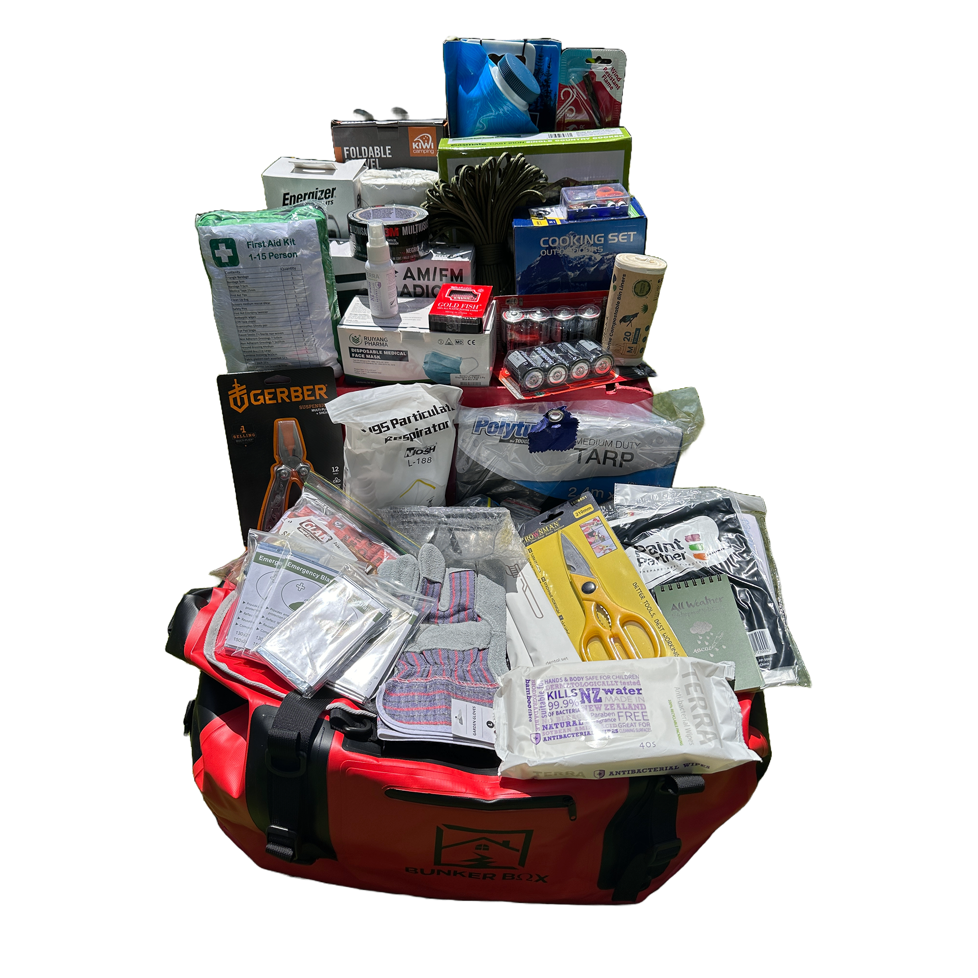 Image of the Bunkerbox emergency grab bag showing survival equipment